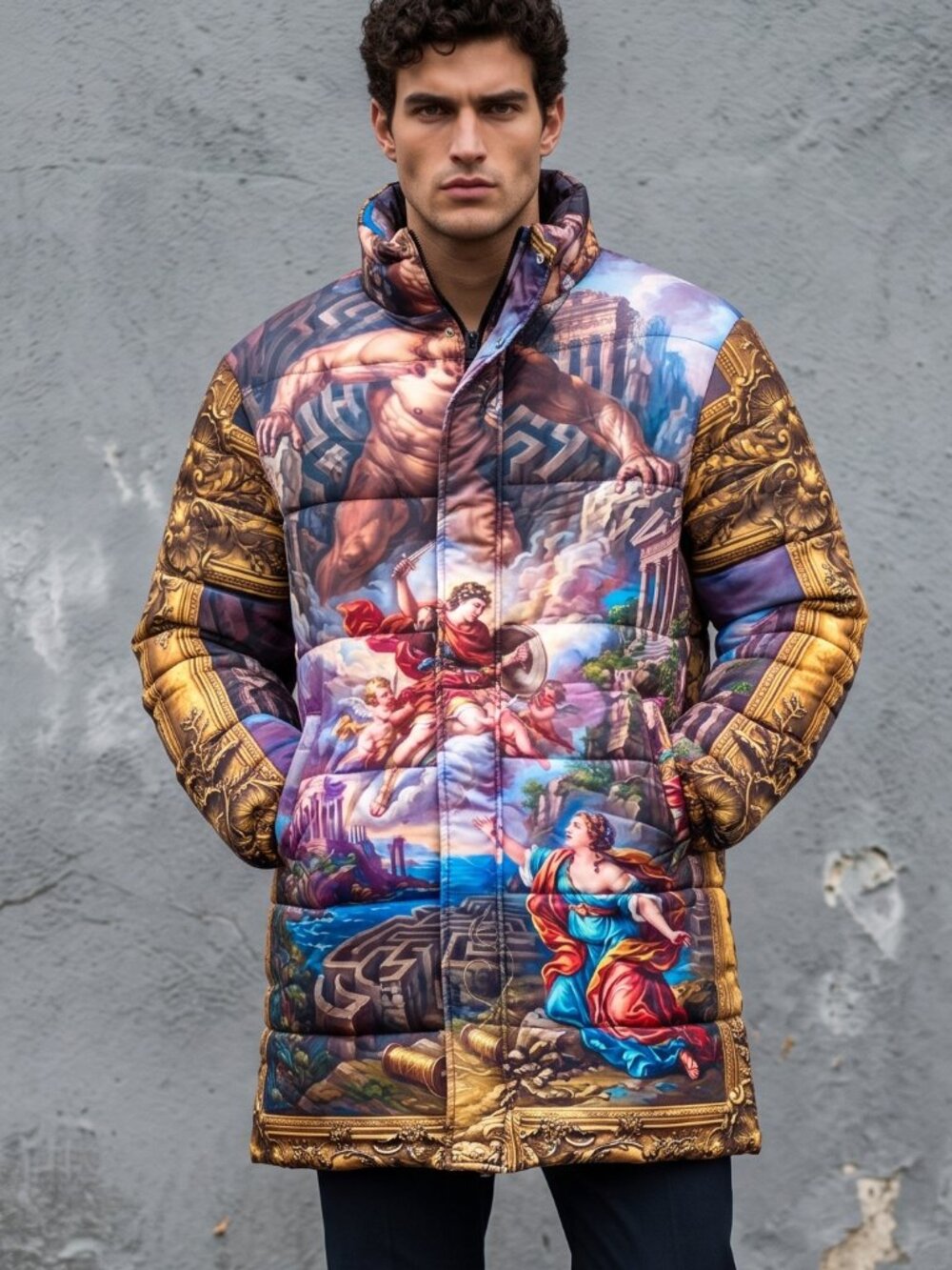 Baroque Greek Mythology Unisex Knee Length Puffer Jacket Hooded Coat XL